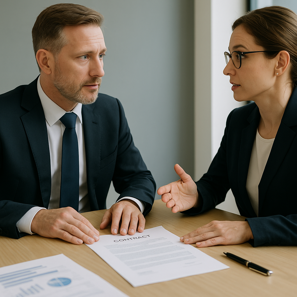 Twee zakenmensen onderhandelen over een contract aan tafel, met financiële documenten zichtbaar.