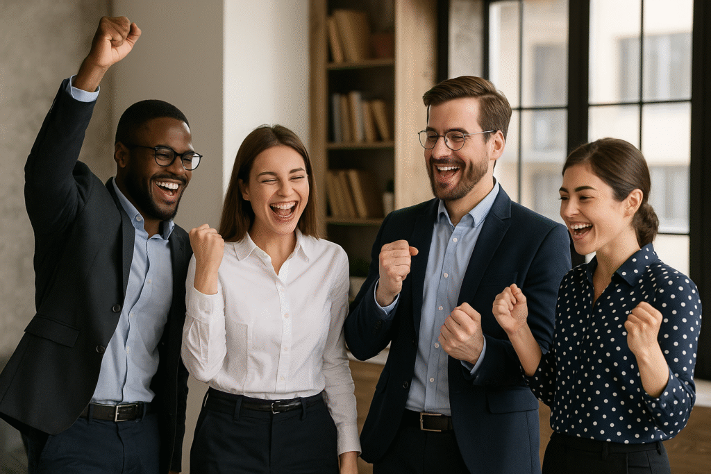 Een team viert een zakelijke overwinning, symbool voor het slim navigeren van rente-uitdagingen.
