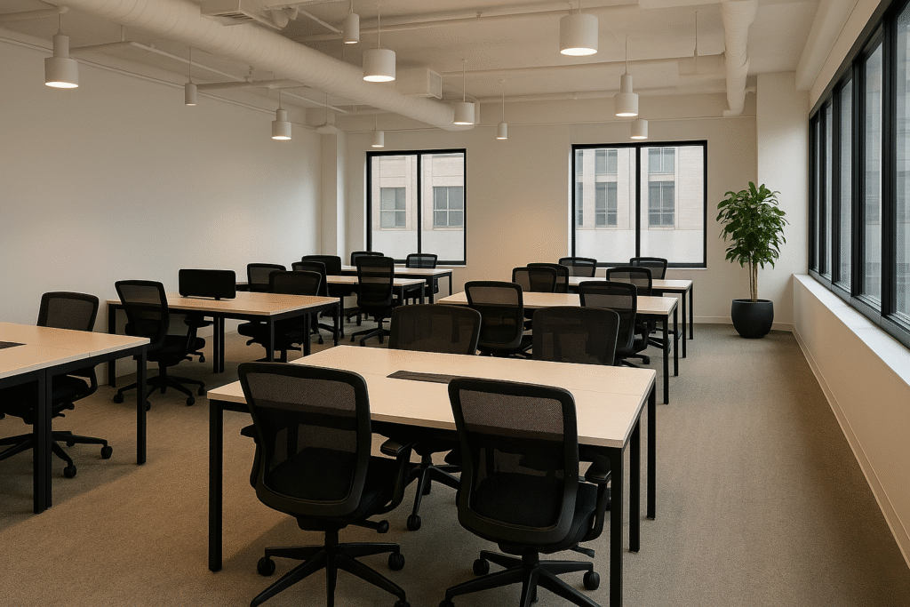 Een moderne coworkingruimte met lege bureaus, symbool voor de droom én leegloop van WeWork.