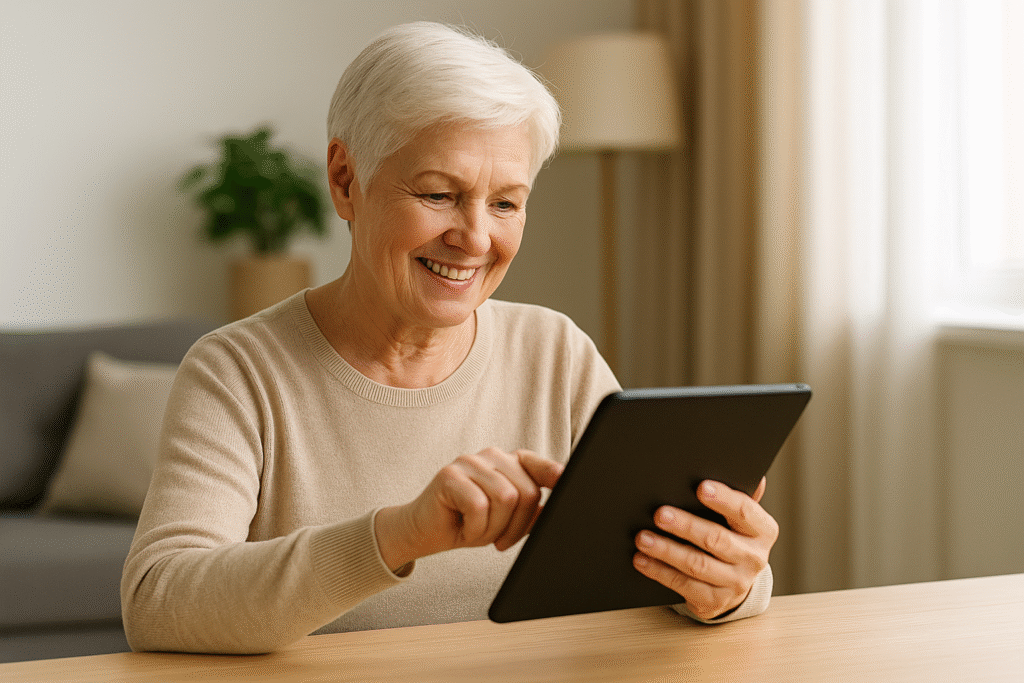Een vitale oudere gebruikt een tablet voor online diensten, symbool voor de koopkrachtige seniorenmarkt.