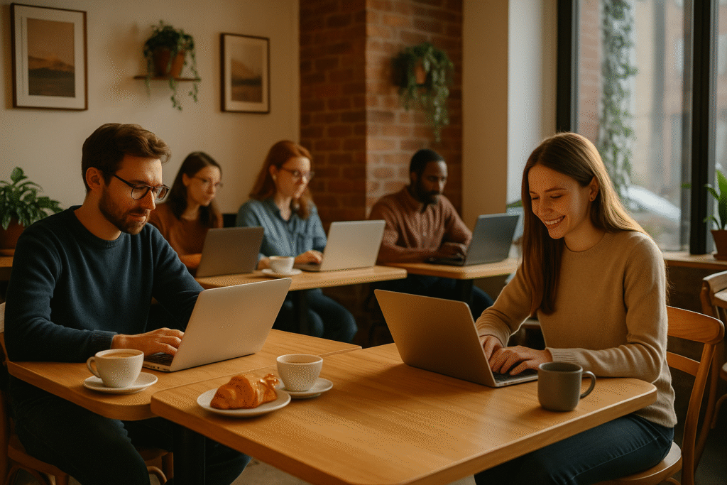 Professionals werken met laptops in een gezellige koffiezaak, symbool voor de economische boost in kleine steden door remote work hubs.