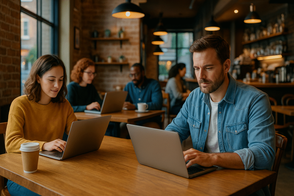 Professionals werken met laptops in een lokale koffiezaak, symbool voor de economische boost in kleine steden door remote work hubs.