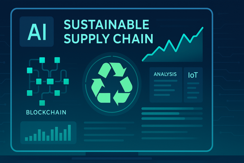 Een digitaal dashboard met AI-, blockchain- en IoT-data dat duurzame supply chain processen visualiseert.