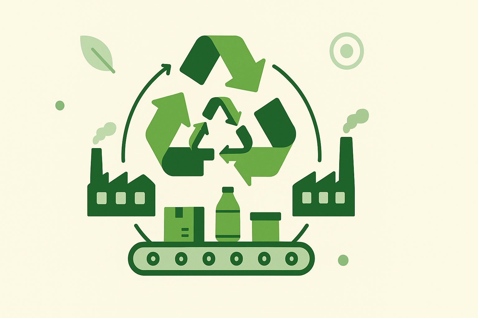 Illustratie van een circulaire economie met recycling-symbolen en fabrieken die producten hergebruiken.