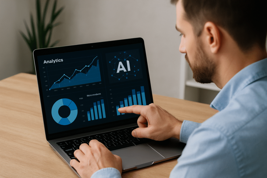 Een ondernemer analyseert AI- en data-inzichten op zijn laptop, symbool voor technologie die niches sneller laat groeien.