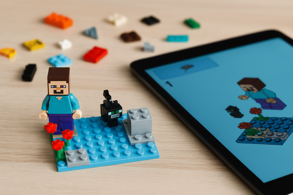 Een Lego-set naast een tablet met digitale bouwinstructies, symbool voor de combinatie van fysiek spelen en digitale innovatie.