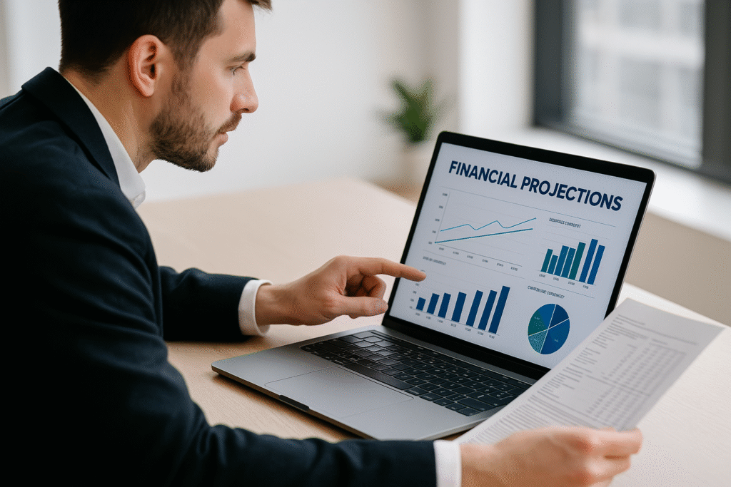 Een zakenman analyseert financiële projecties op zijn laptop, met grafieken en cijfers zichtbaar op het scherm.