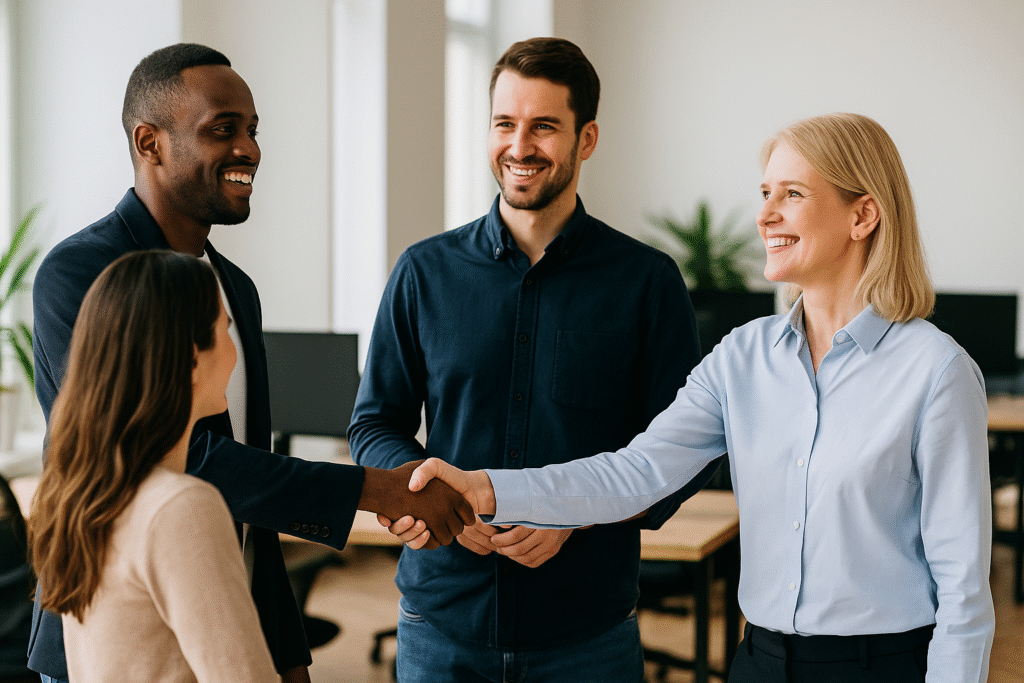 Een team van ondernemers sluit een succesvolle pitch af met een handshake, symbool voor groei en samenwerking.