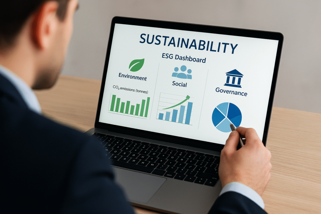 Een ondernemer wijst naar een ESG-dashboard met data over milieu, sociale impact en governance, symbool voor de CSRD-rapportageverplichtingen.