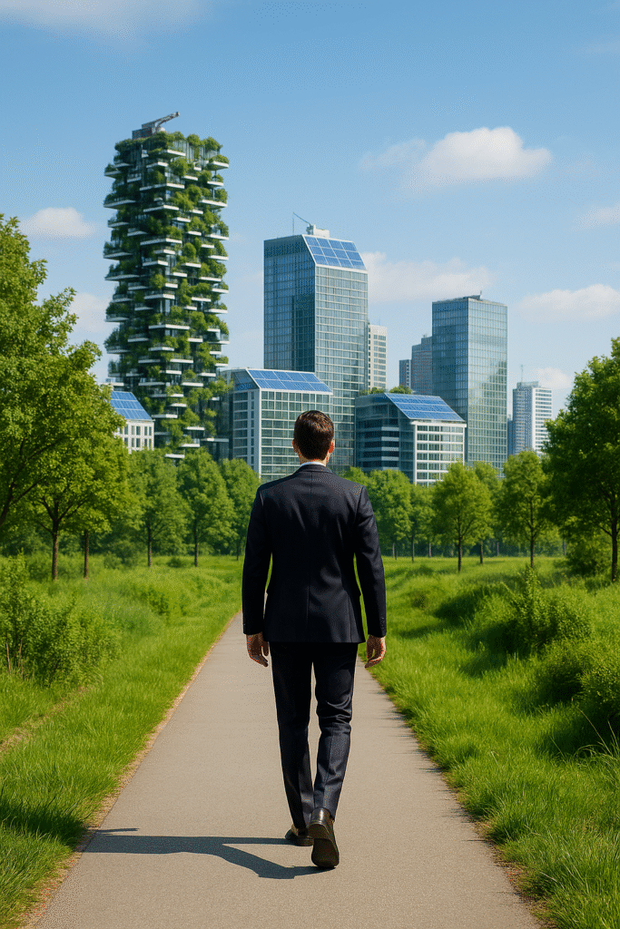 Een ondernemer loopt een groen pad op richting een duurzame stad met zonnepanelen en groene daken, symbool voor groei door transparantie en duurzaamheid.