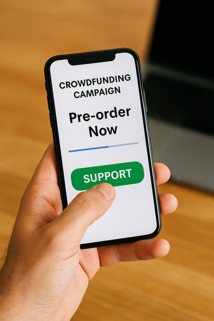 Een hand houdt een smartphone vast met een crowdfundingcampagne en een ‘Support’-knop, symbool voor validatie van een idee.
