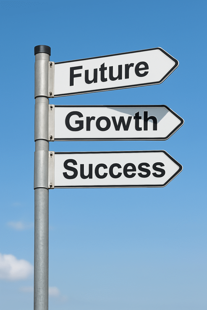 Een wegwijzer die naar ‘Future’, ‘Growth’ en ‘Success’ wijst, symbool voor de keuzes van ondernemers.