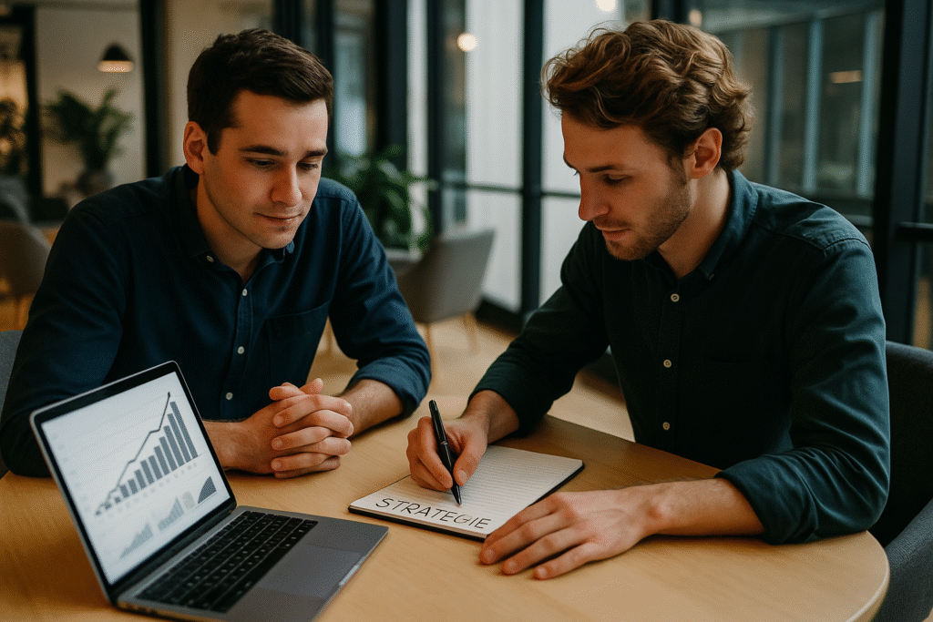 Twee ondernemers bespreken samen een strategieplan in een co-working ruimte, symbool voor samenwerking en ondernemersidentiteit.