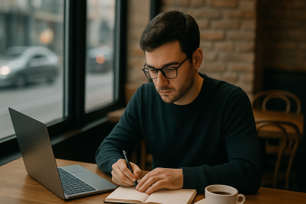 De kunst van het kiezen: hoe startende ondernemers de juiste niche vinden Een ondernemer brainstormt in een café met laptop en notitieboek, symbool voor het vinden van de juiste niche.