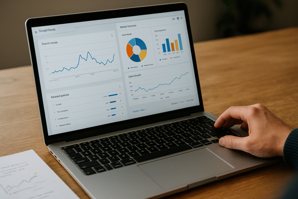 Een ondernemer analyseert markttrends en concurrentiegegevens op een laptop, symbool voor het onderzoeken van een niche.