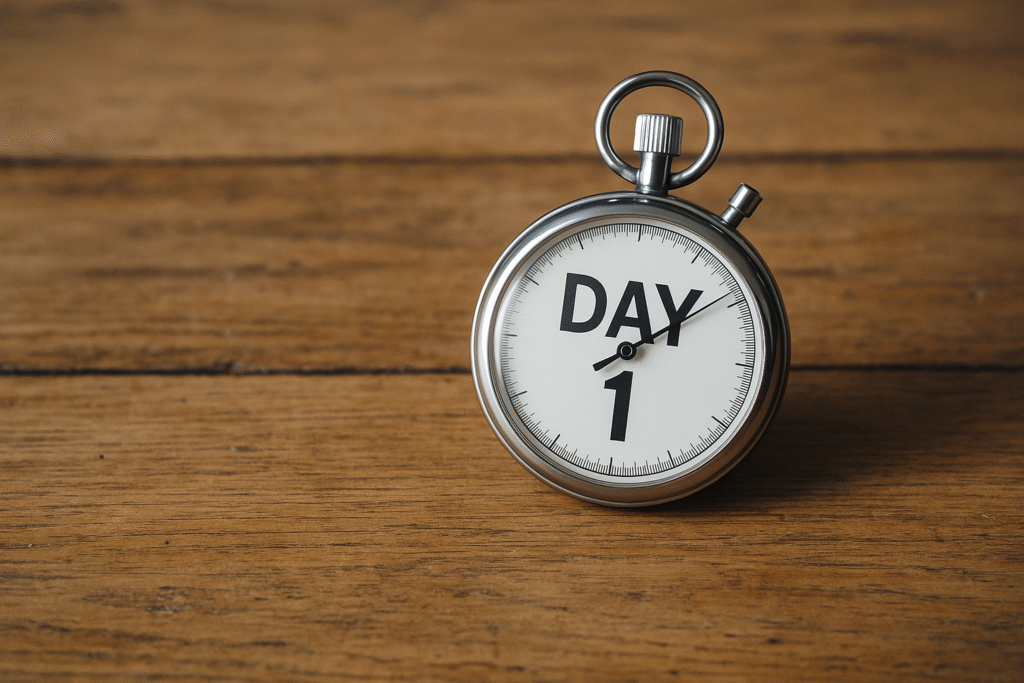 Stopwatch met de woorden Day 1, symbool voor de cruciale eerste 100 dagen van ondernemerschap.