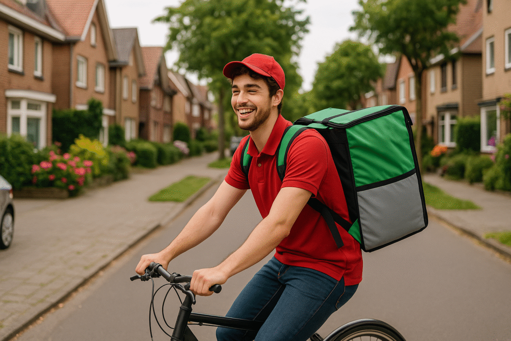 Bezorger met koelrugzak op fiets in woonwijk, symbool voor lokaal en klein beginnen.