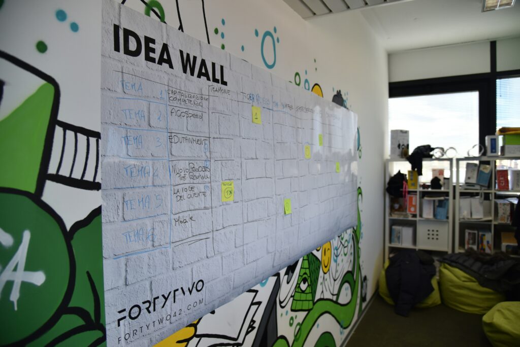 Een Idea Wall met post-its en notities in een creatieve werkruimte, symbool voor het ontstaan van nieuwe bedrijfsplannen.