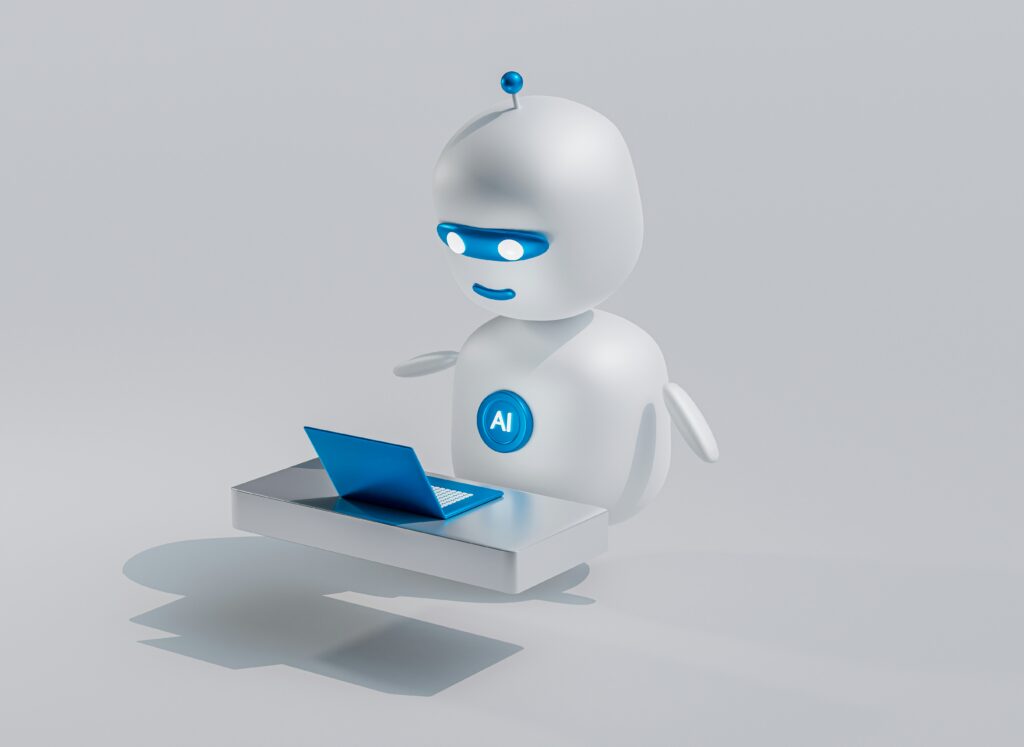 Illustratie van AI-robot die met laptop werkt